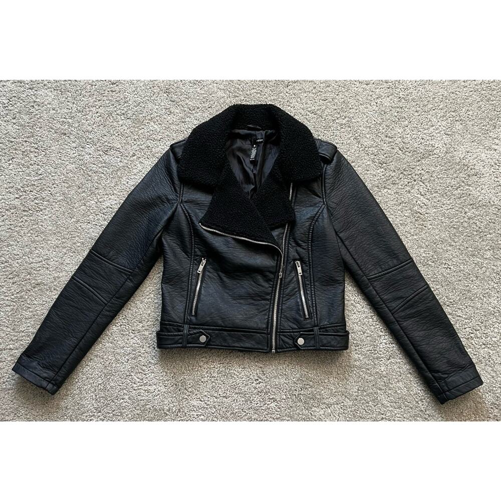 Aqua Black Leather Sherpa Lined Leather Bomber Jacket Women’s Size Small